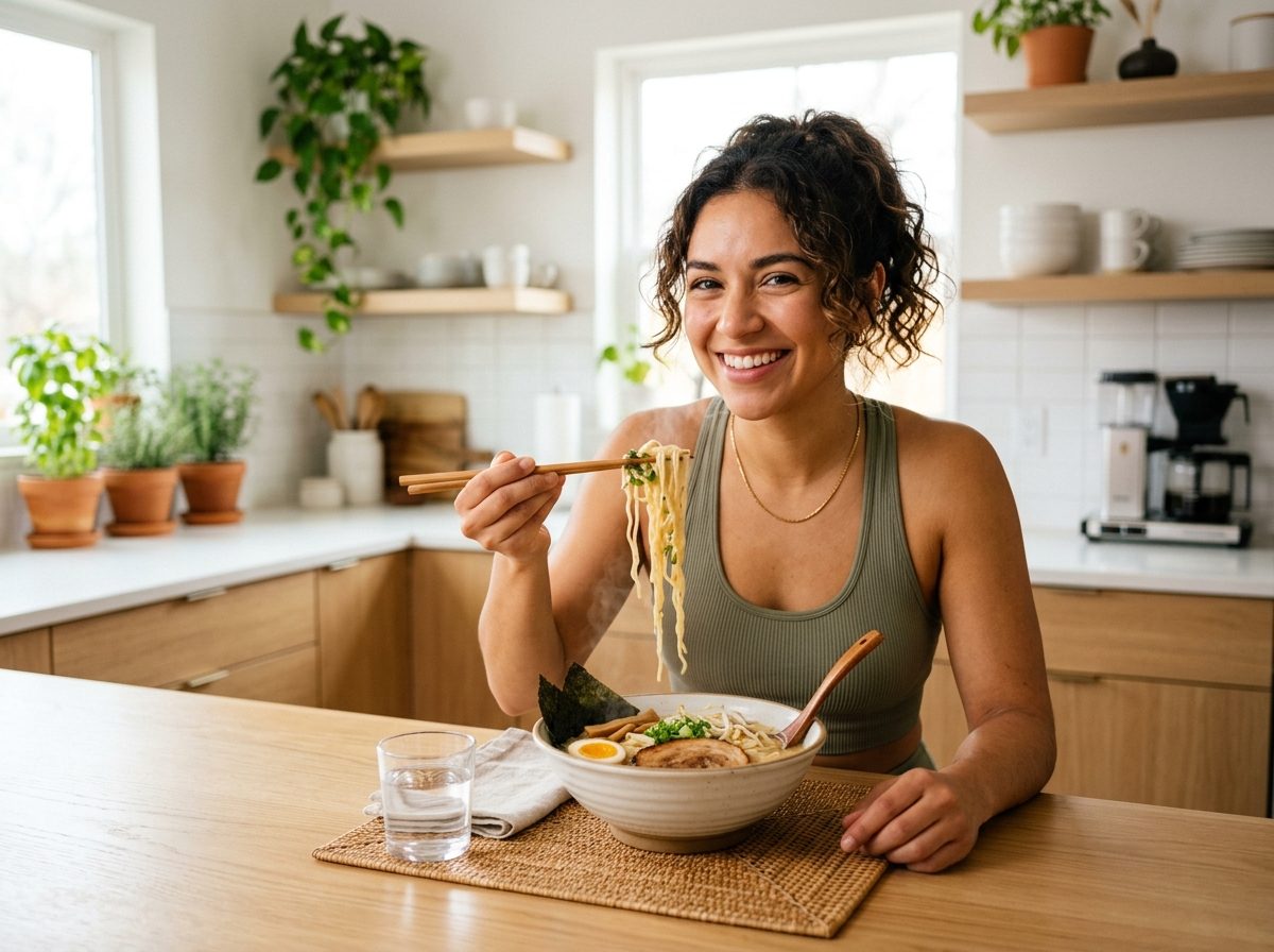 Mujer joven disfrutando ramen funcional NÜWA en cocina moderna